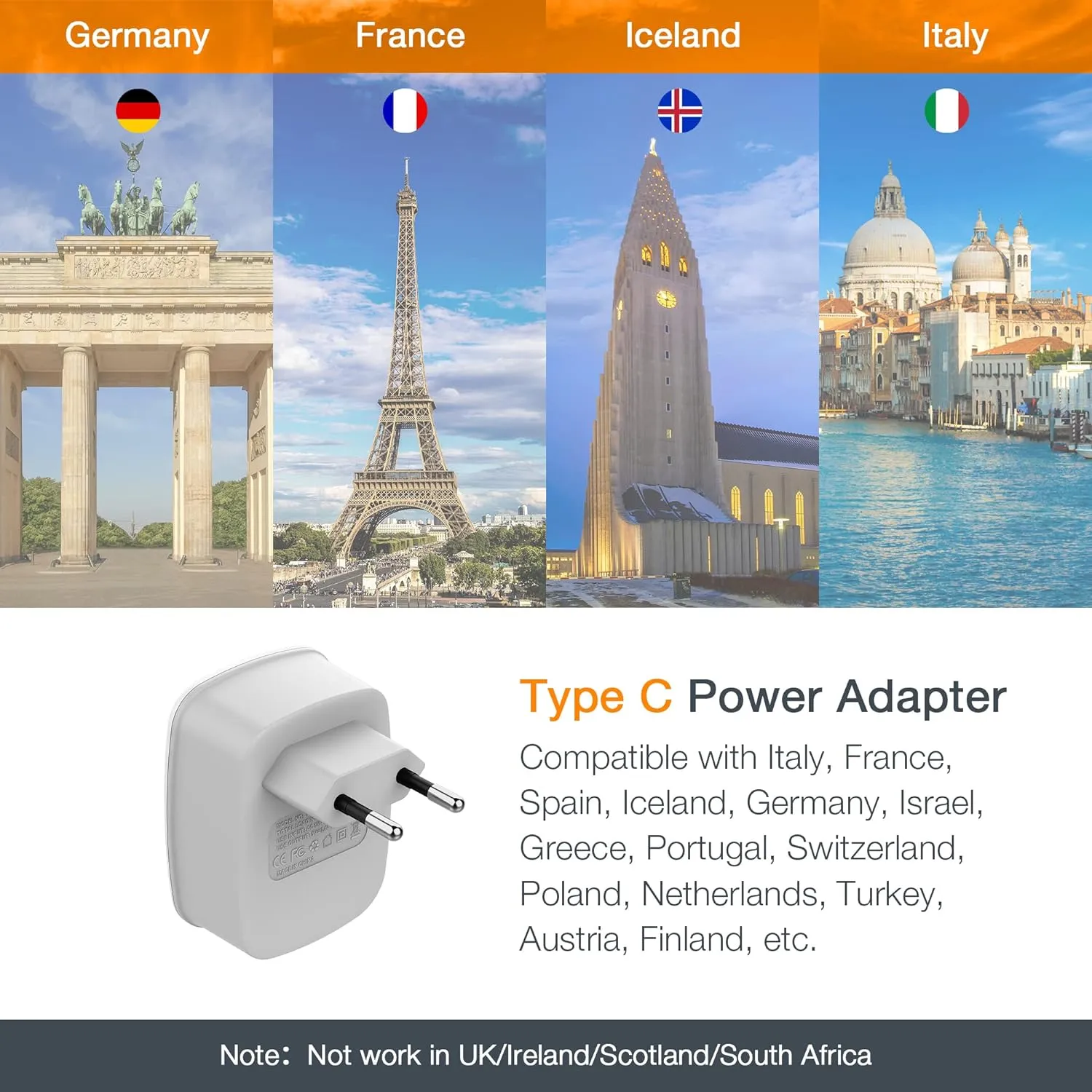 European Travel Plug Adapter 3 Pack, TESSAN International Power Adaptor 2 USB, Type C Outlet Charger USA to Most of Europe EU Spain Iceland Italy Germany France Israel