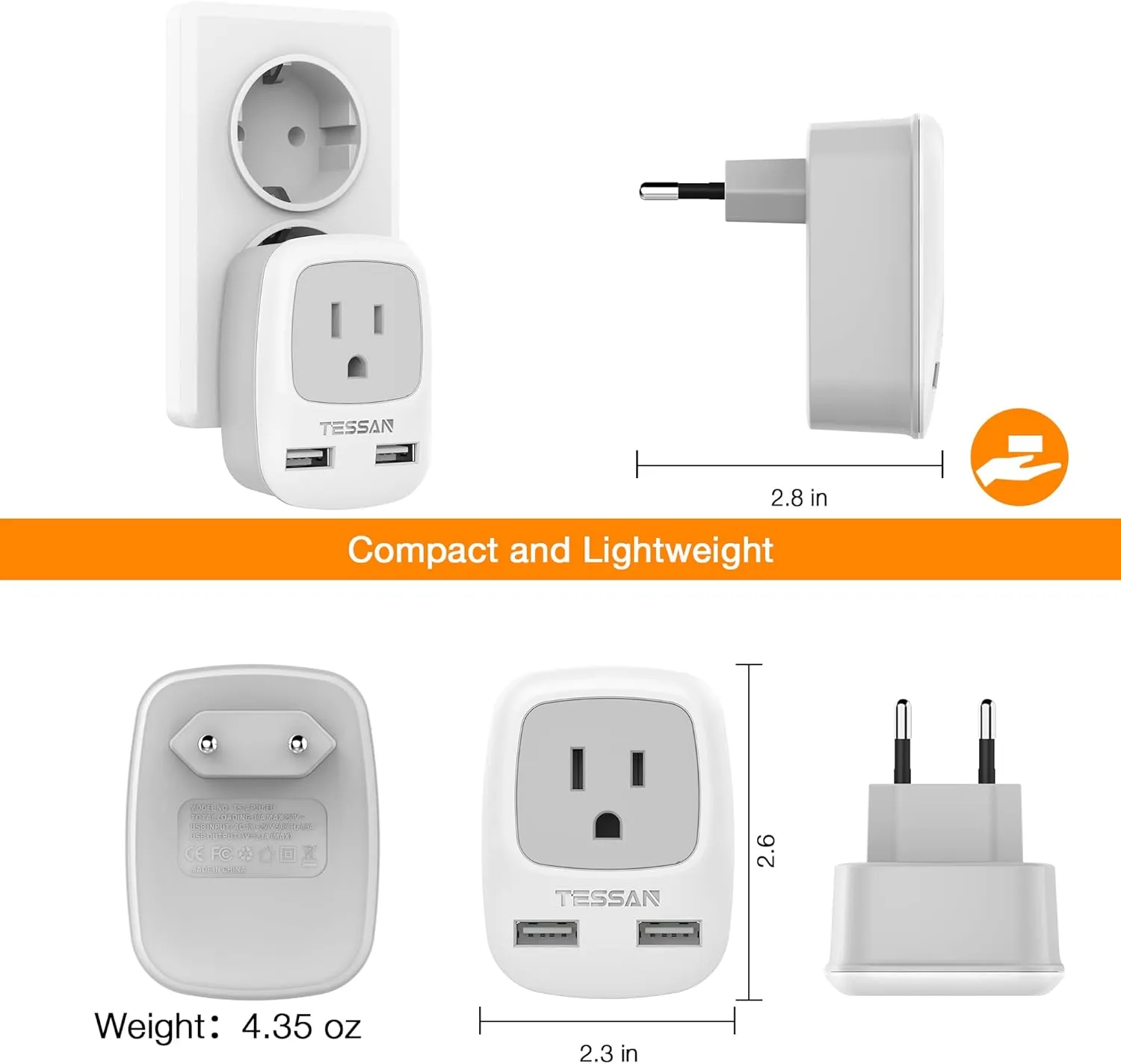 European Travel Plug Adapter 3 Pack, TESSAN International Power Adaptor 2 USB, Type C Outlet Charger USA to Most of Europe EU Spain Iceland Italy Germany France Israel