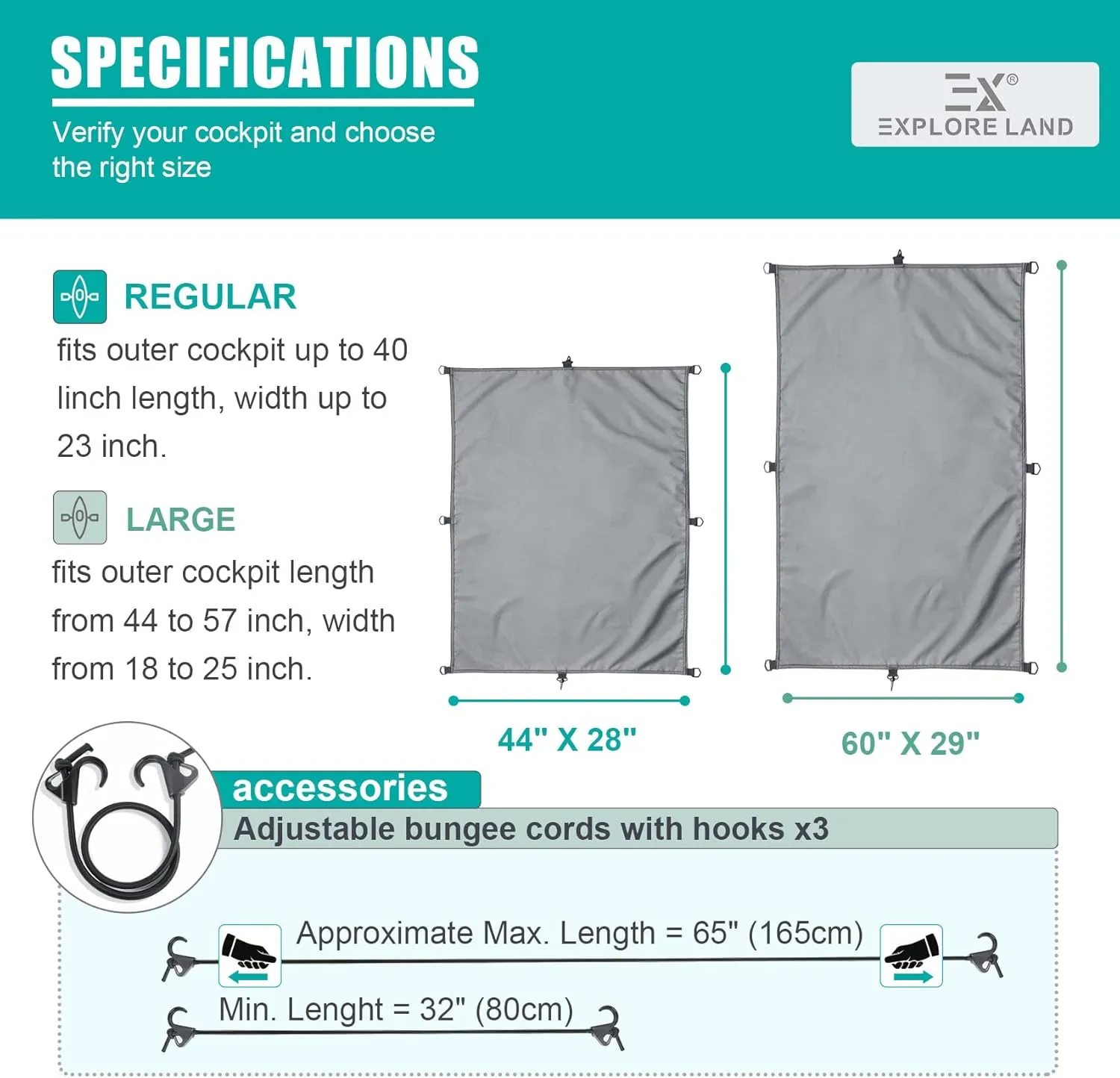 Explore Land Universal Kayak Cockpit Drape Waterproof Seal Cockpit Cover for Indoor and Outdoor Large 60 x 29 inch, Grey