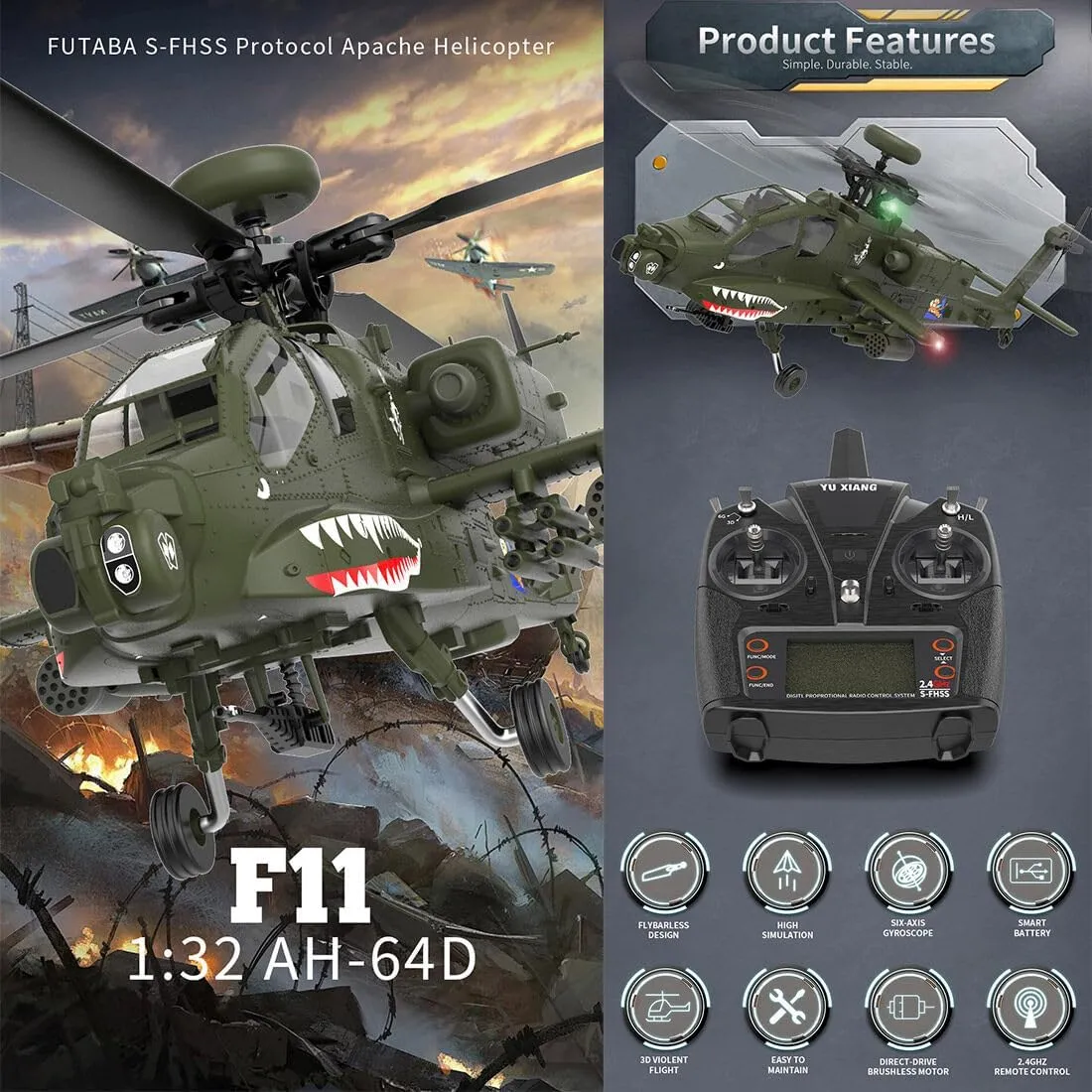 F-11 AH-64 Army RC Helicopter for Adults, 1/32 2.4G 6CH RC Military Helicopter Hobby RC Airplane, 6G/3D Stunt RC Aircraft Aileronless, RC Flying Plane Kit for Beginner Outdoor -RTF