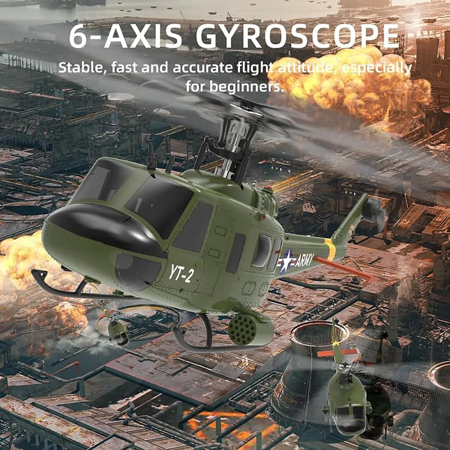 F07-V UH-1 RC Helicopter, RTF 1/34 Scale 2.4GHz 6CH Brushless Direct-Drive Flybarless Model 3D/6G Stabilized Military Aircraft for Adults,1 Battery