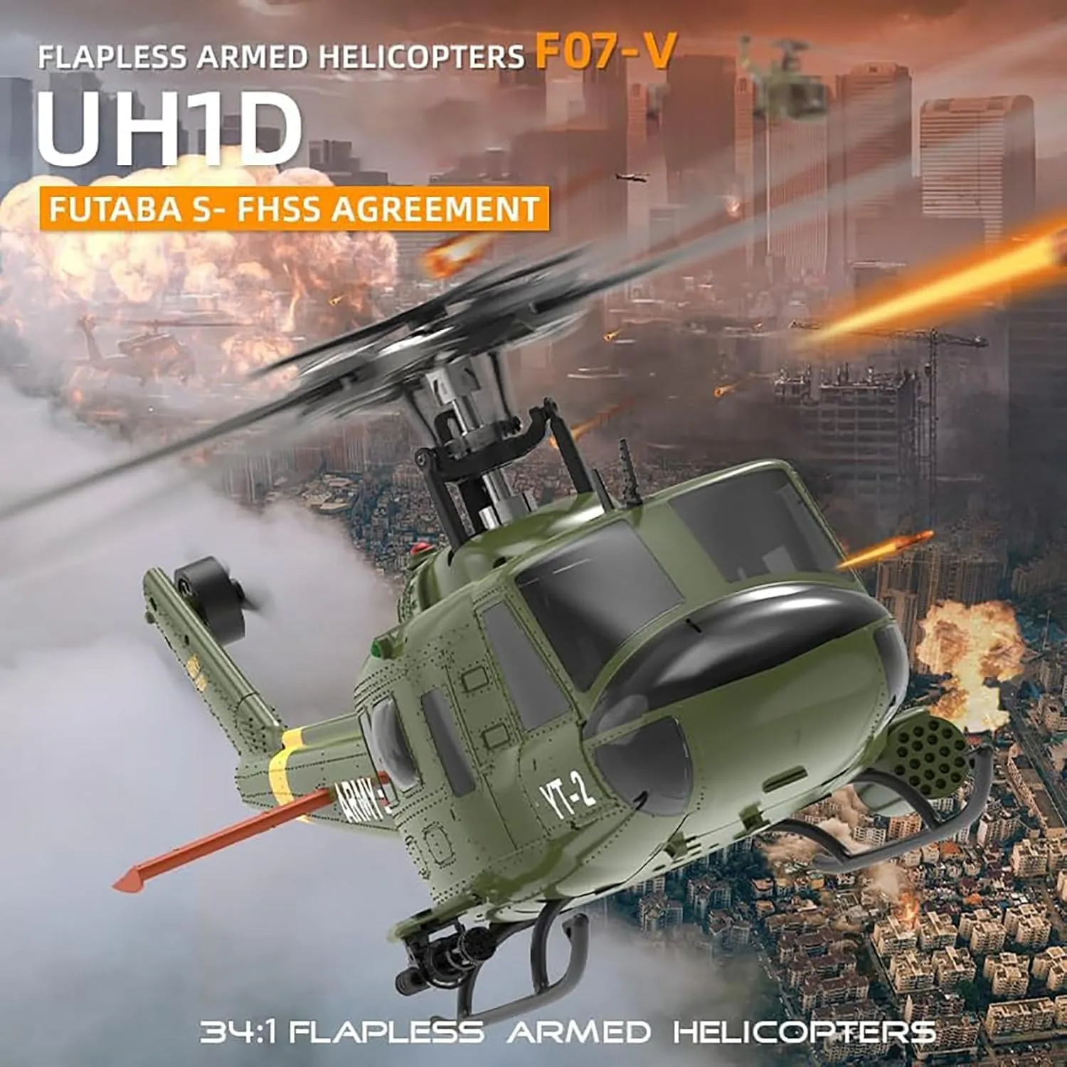 F07-V UH-1 RC Helicopter, RTF 1/34 Scale 2.4GHz 6CH Brushless Direct-Drive Flybarless Model 3D/6G Stabilized Military Aircraft for Adults,1 Battery