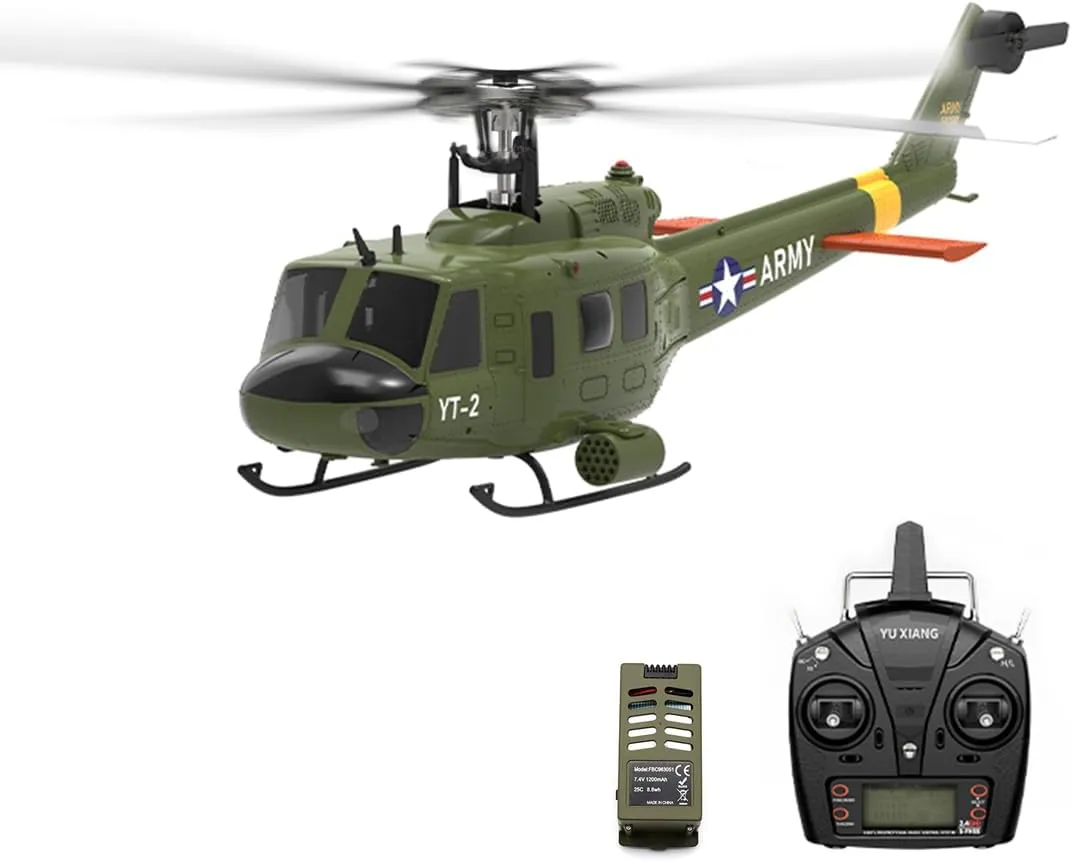 F07-V UH1D Huey Military RC Helicopter, 1/34 Scale 6CH RC Helicopter with 6-Axis Gyro & 3D/6G Dual Modes for Pro-Grade Pilots （No for Beginner