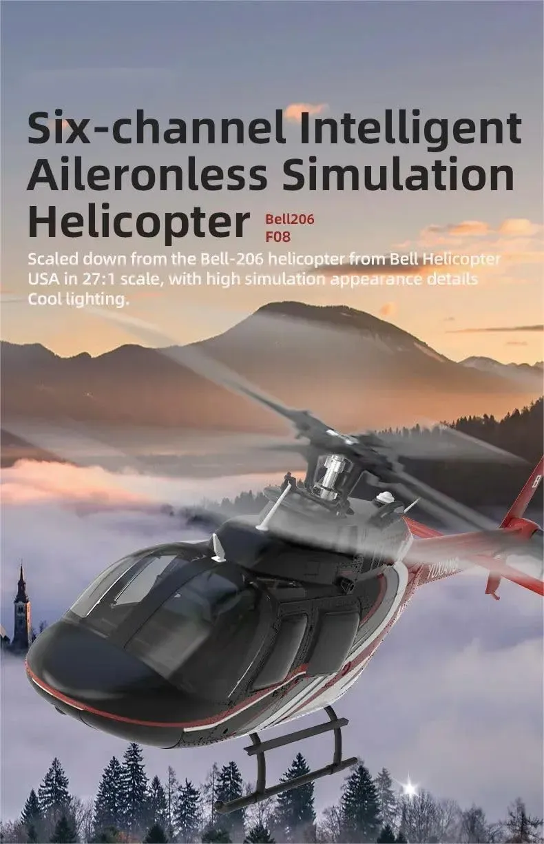 F08 Bell 206 RC Helicopter with One-Key Inverted Flight, 1/27 Scale 2.4G 6CH Brushless Direct-Drive RC Helicopter with 6G Stability & Optical Flow Positioning - RTF