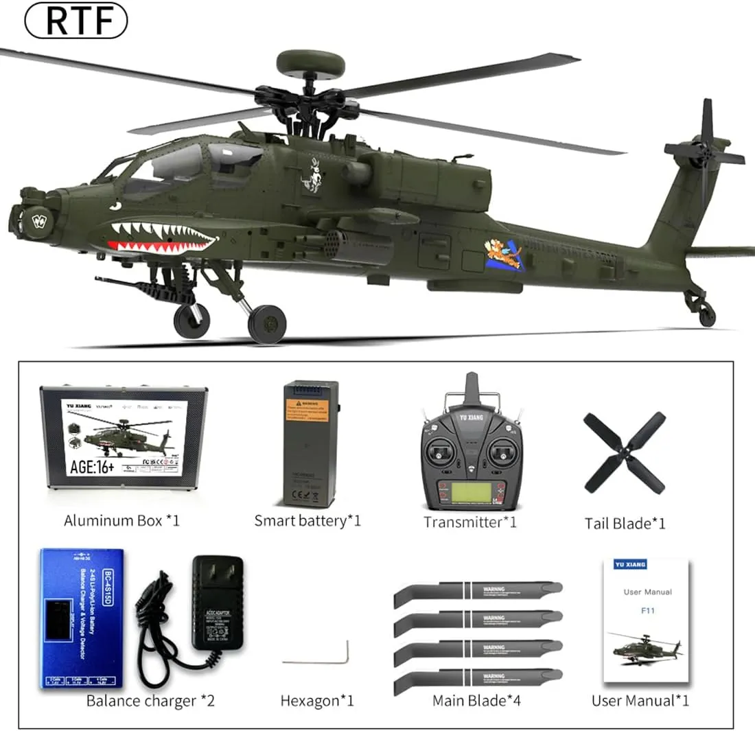 F11 AH64 RC 1/32 Helicopter, YU Xiang 2.4G 6CH Dual-axis Shared Drive Without Ailerons Apache Helicopter Model (RTF Edition) - Suitable for Advanced Players