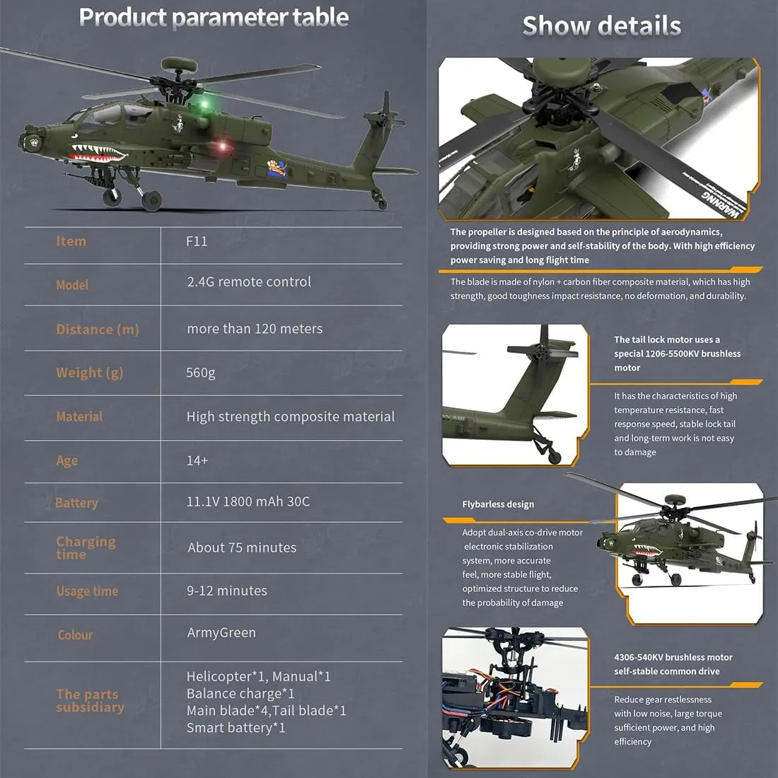F11 AH64 RC Helicopter, 1/32 2.4G 6CH Dual-axis Co-Drive Flybarless 6G/3D Stunt Remote Control Helicopter Outdoor, 3D Stunt Military Aircraft for Adults