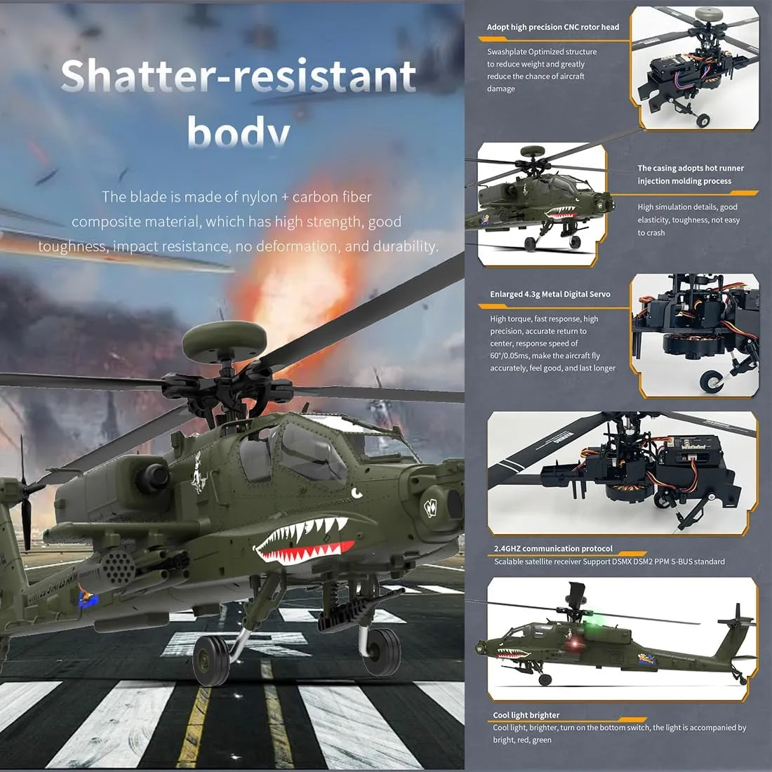 F11 AH64 RC Helicopter, 1/32 2.4G 6CH Dual-axis Co-Drive Flybarless 6G/3D Stunt Remote Control Helicopter Outdoor, 3D Stunt Military Aircraft for Adults