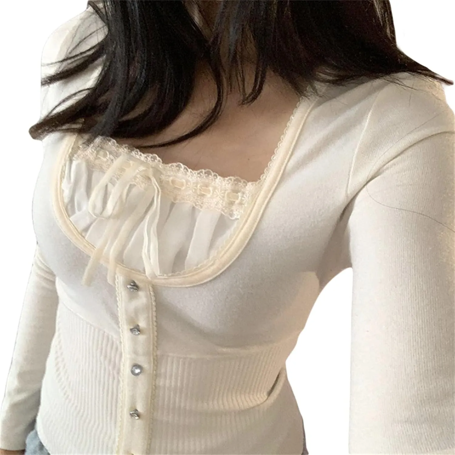Fairy Shirt for Women Long Sleeve Vintage Print Crop Top Crewneck Aesthetic Slim Blouse Tee Grunge Clothes