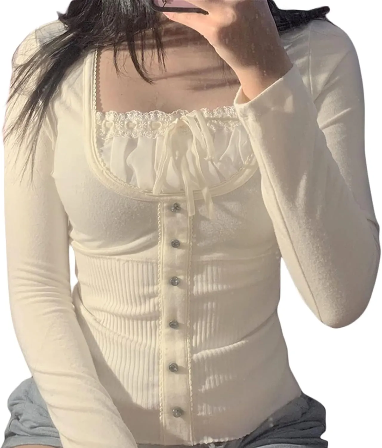 Fairy Shirt for Women Long Sleeve Vintage Print Crop Top Crewneck Aesthetic Slim Blouse Tee Grunge Clothes