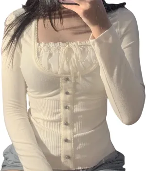Fairy Shirt for Women Long Sleeve Vintage Print Crop Top Crewneck Aesthetic Slim Blouse Tee Grunge Clothes
