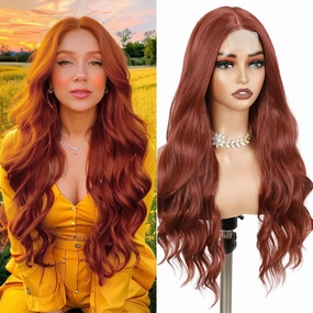 Fancy Hair Auburn Wavy Wigs 26 Inch Long Ginger Middle Part Curly Wavy Wig Small Lace Front Copper Red Synthetic Long Wig for Women Girl Cosplay Daily Party Use