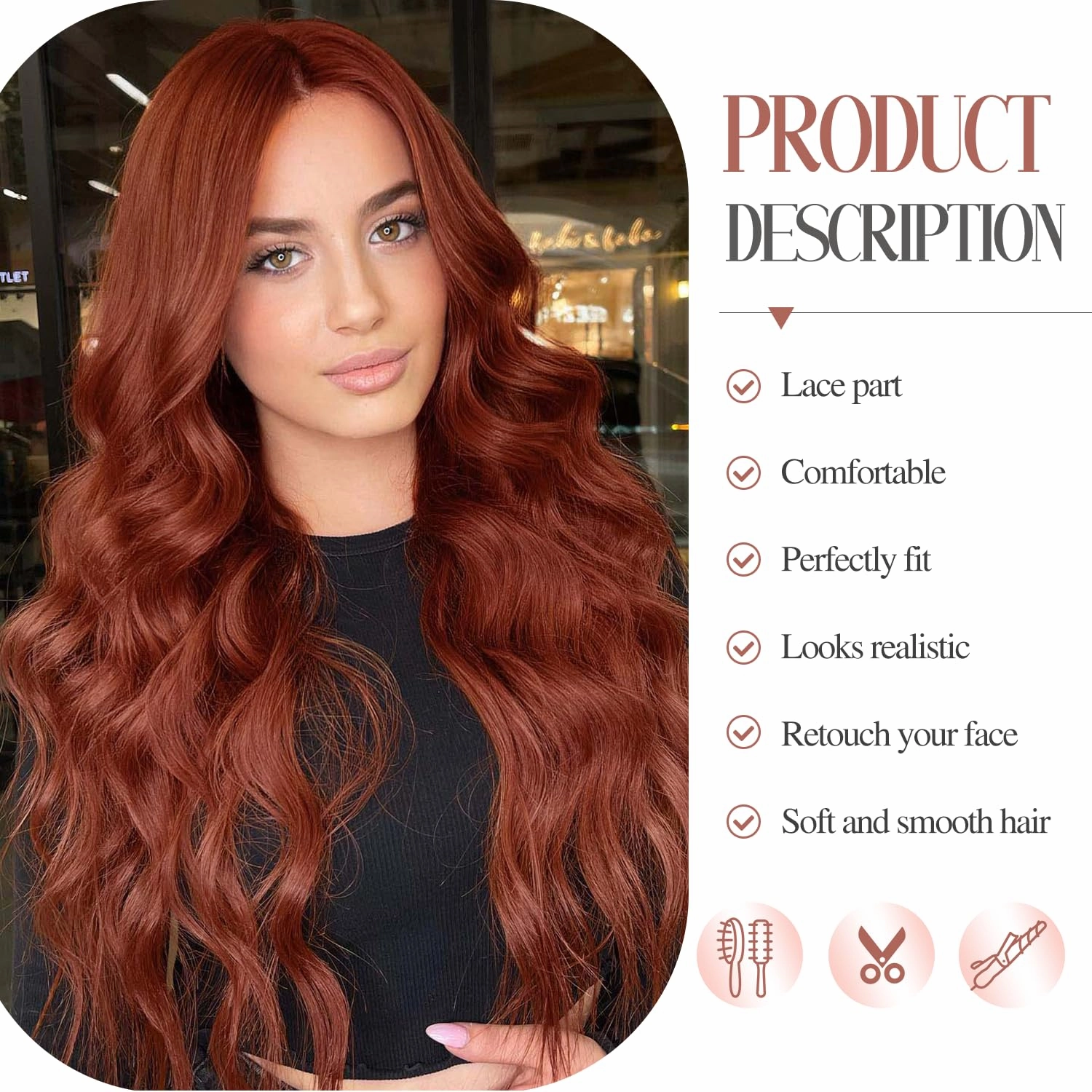 Fancy Hair Auburn Wavy Wigs 26 Inch Long Ginger Middle Part Curly Wavy Wig Small Lace Front Copper Red Synthetic Long Wig for Women Girl Cosplay Daily Party Use