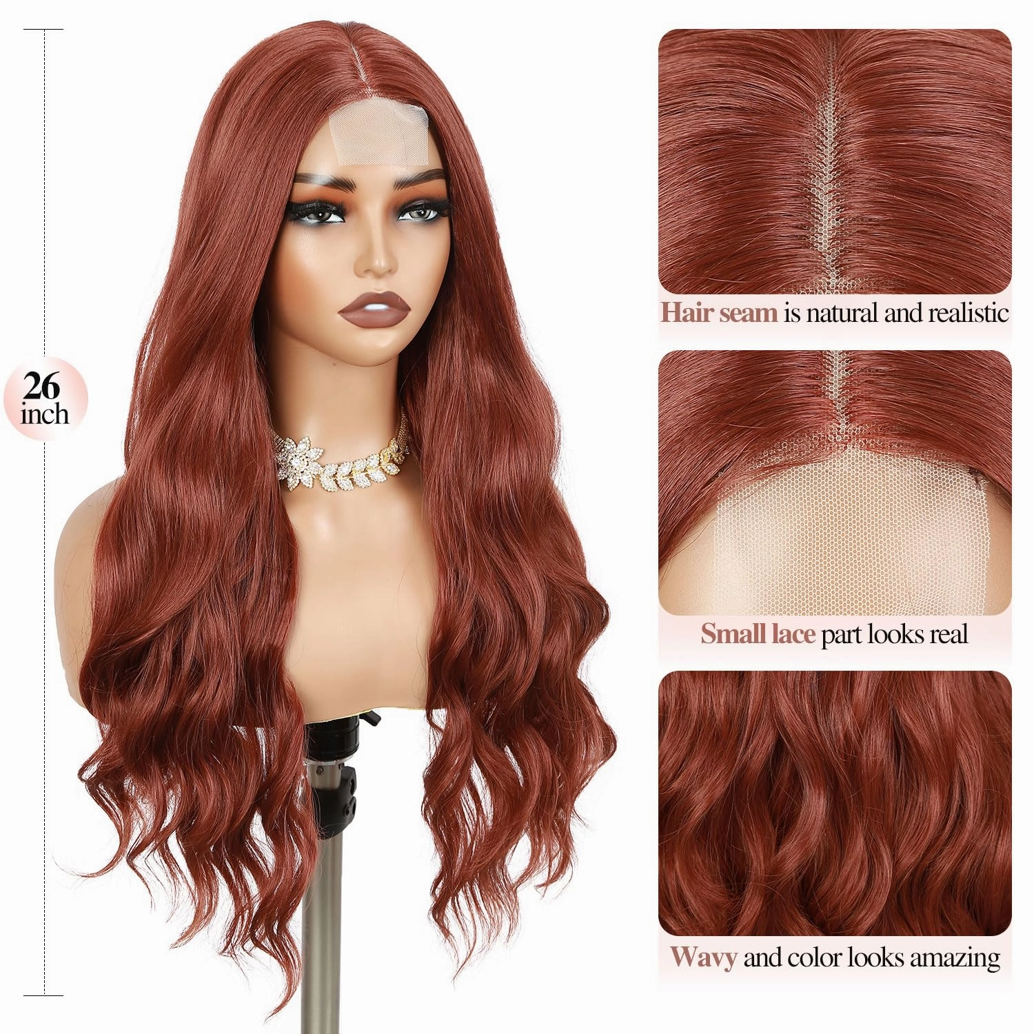 Fancy Hair Auburn Wavy Wigs 26 Inch Long Ginger Middle Part Curly Wavy Wig Small Lace Front Copper Red Synthetic Long Wig for Women Girl Cosplay Daily Party Use