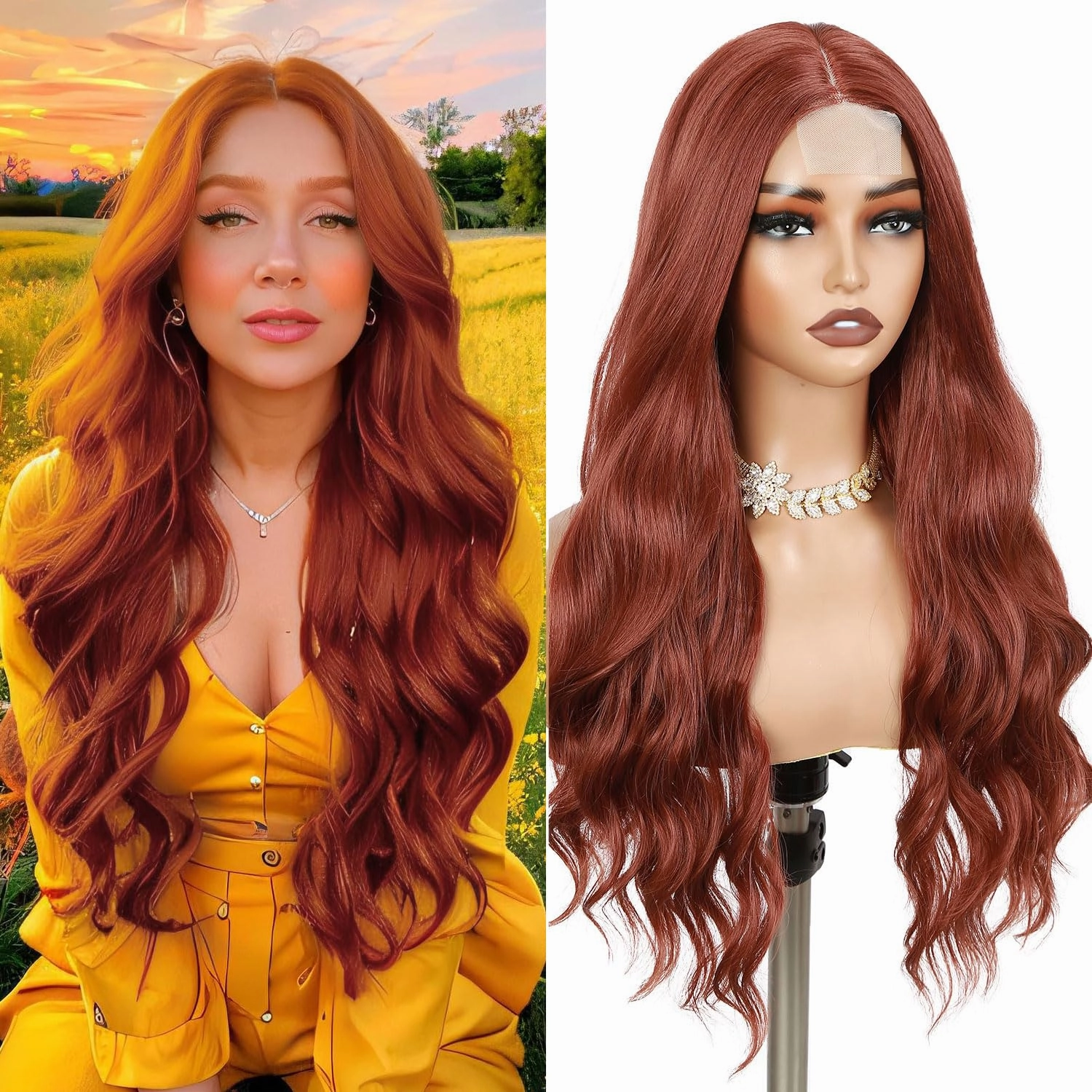 Fancy Hair Auburn Wavy Wigs 26 Inch Long Ginger Middle Part Curly Wavy Wig Small Lace Front Copper Red Synthetic Long Wig for Women Girl Cosplay Daily Party Use