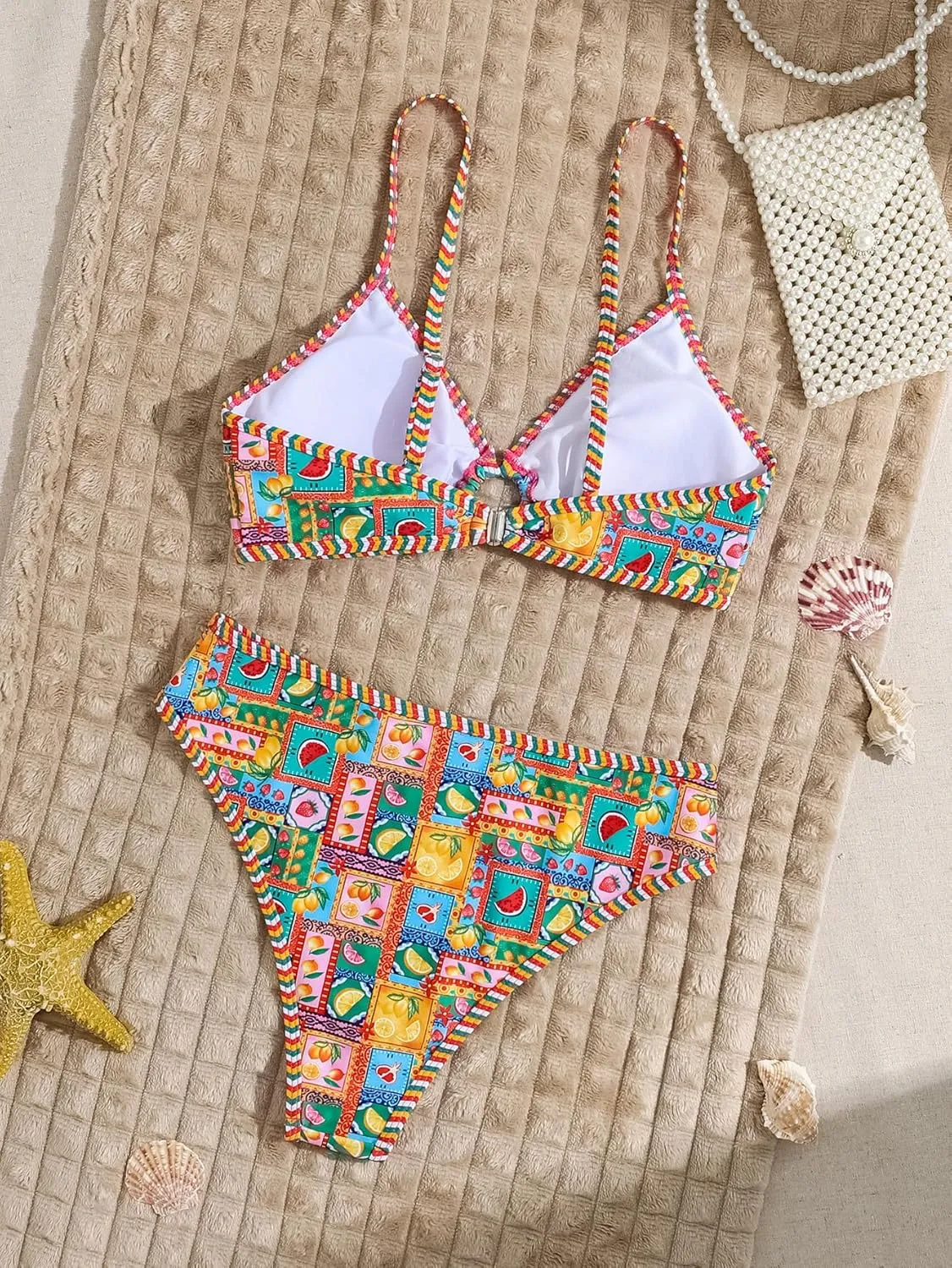Fanuerg Women's Triangle Bikini Sets O Ring Linked Two Piece Swimsuits Floral Printed Cheeky Bathing Suit