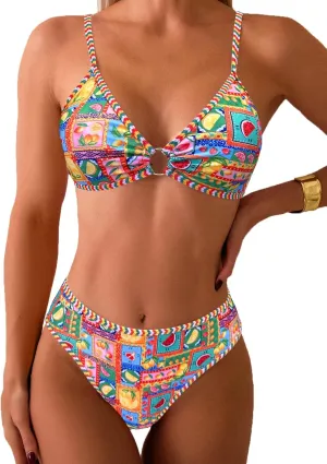 Fanuerg Women's Triangle Bikini Sets O Ring Linked Two Piece Swimsuits Floral Printed Cheeky Bathing Suit