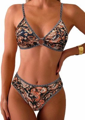Fanuerg Women's Triangle Bikini Sets O Ring Linked Two Piece Swimsuits Floral Printed Cheeky Bathing Suit