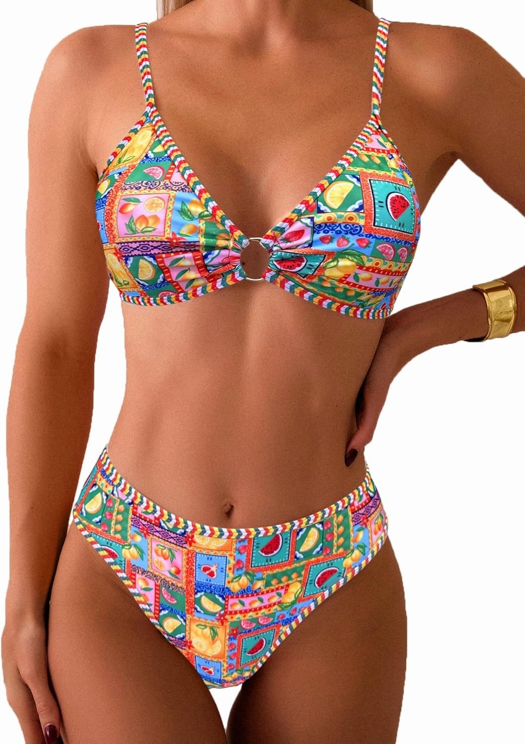 Fanuerg Women's Triangle Bikini Sets O Ring Linked Two Piece Swimsuits Floral Printed Cheeky Bathing Suit