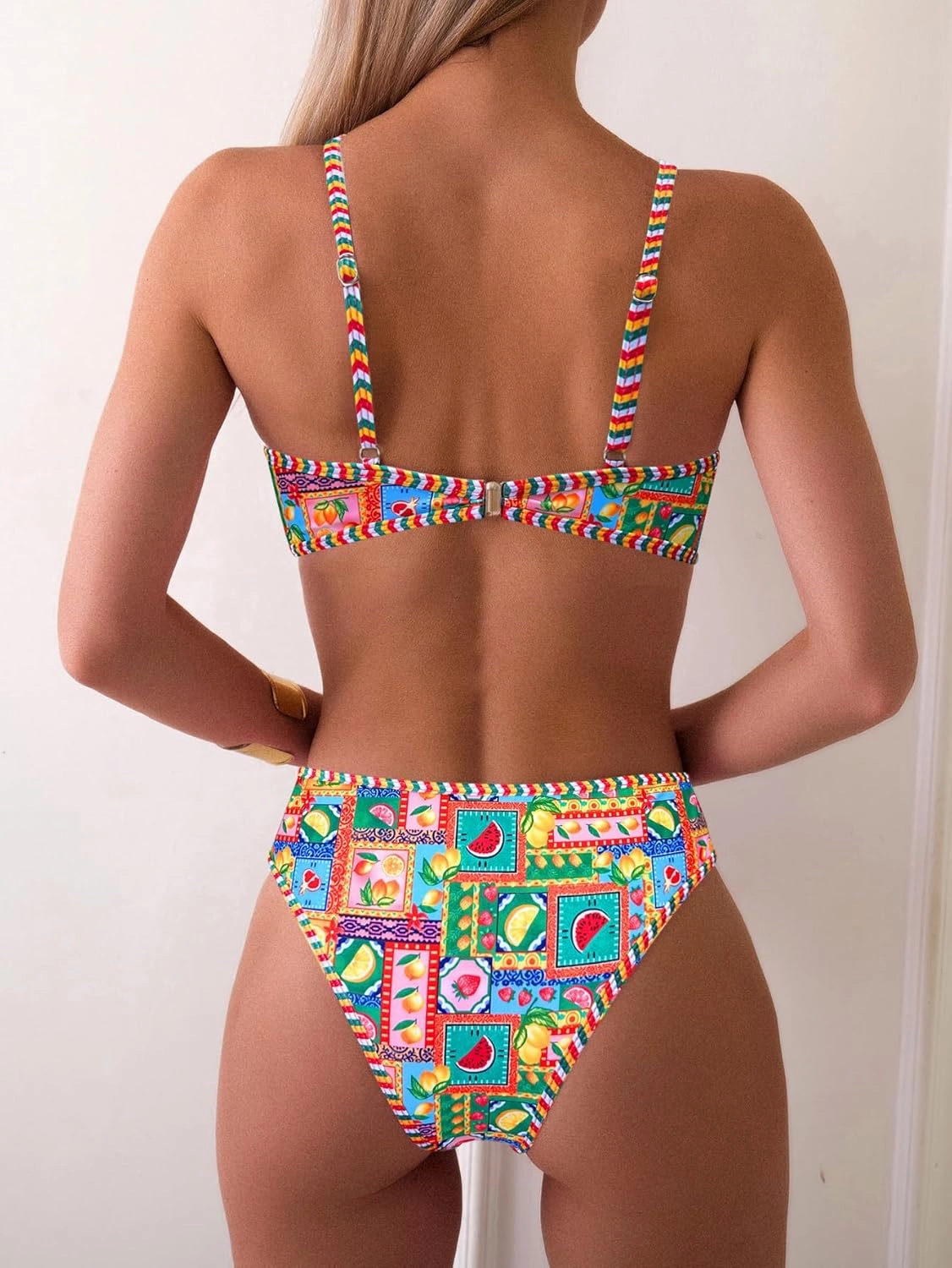 Fanuerg Women's Triangle Bikini Sets O Ring Linked Two Piece Swimsuits Floral Printed Cheeky Bathing Suit