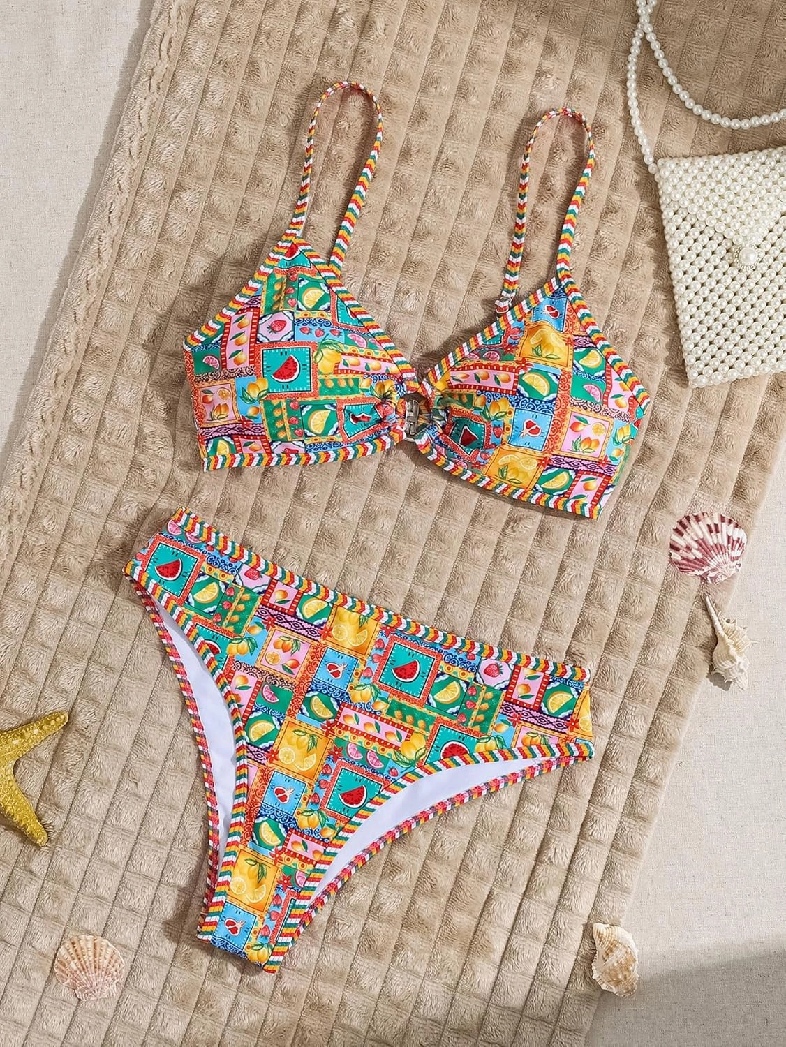 Fanuerg Women's Triangle Bikini Sets O Ring Linked Two Piece Swimsuits Floral Printed Cheeky Bathing Suit