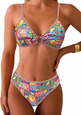 Fanuerg Women's Triangle Bikini Sets O Ring Linked Two Piece Swimsuits Floral Printed Cheeky Bathing Suit