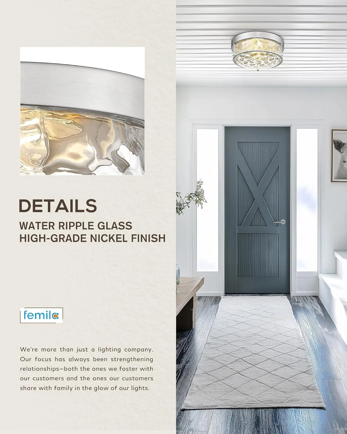 FEMILA Flush Mount Ceiling Light Fixture, 12" Brushed Nickel Ceiling Light, Water Ripple Glass, for Hallway, Living Room, Kitchen, Bedroom, E26 Base, 4FTJ22WG-F BN