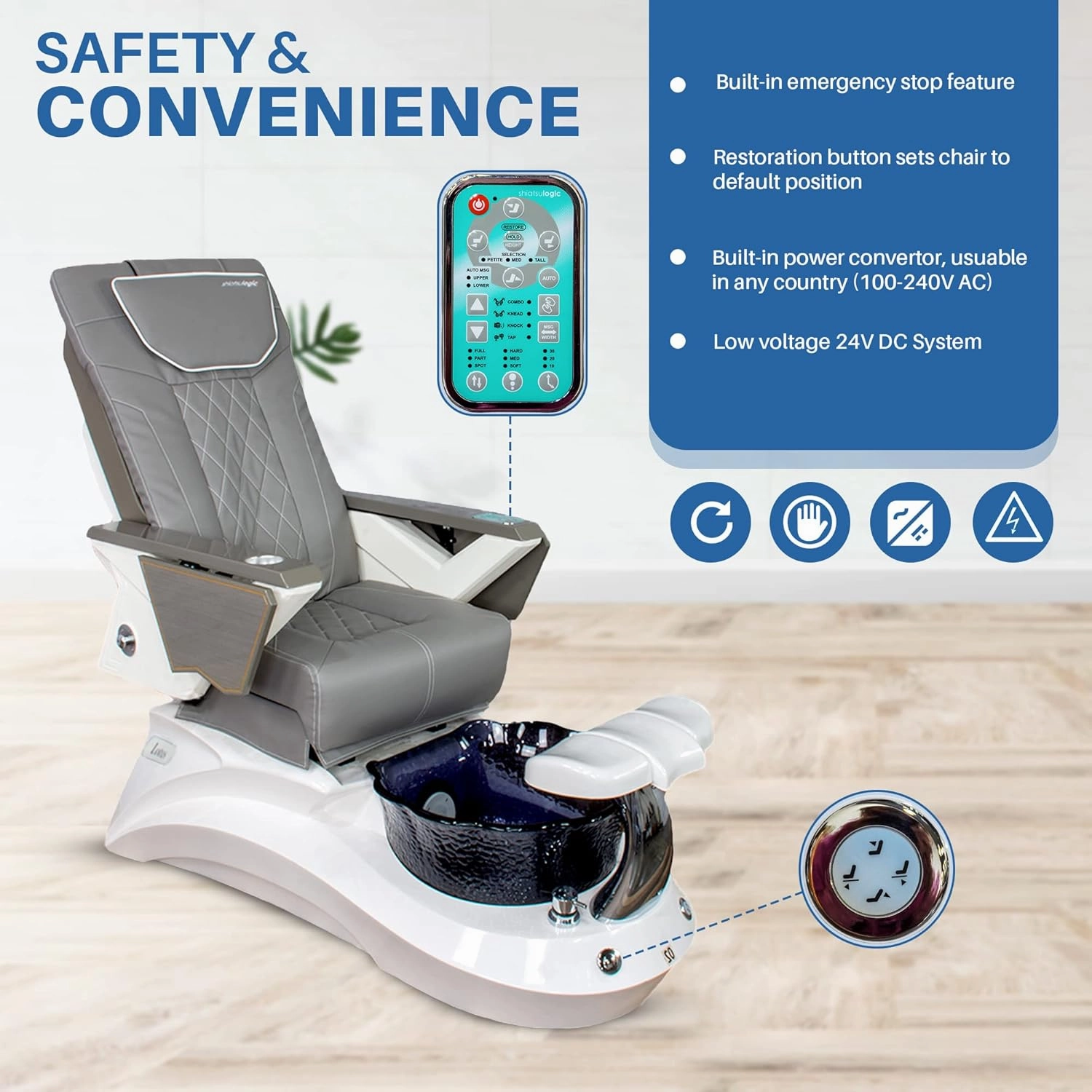 FIOR Shiatsulogic Pedicure Chair FX White/Grey Oak Trim Pedicure Tub w/Discharge Pump & Pipe-Less Magnetic Jet Pedicure Spa, Chocolate Cover Set