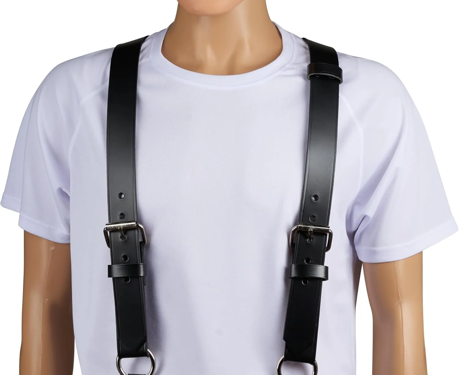 Firefighter Leather Suspenders with Loop with ABS Ring Attachment 4-Point Connection with Adjustable Straps