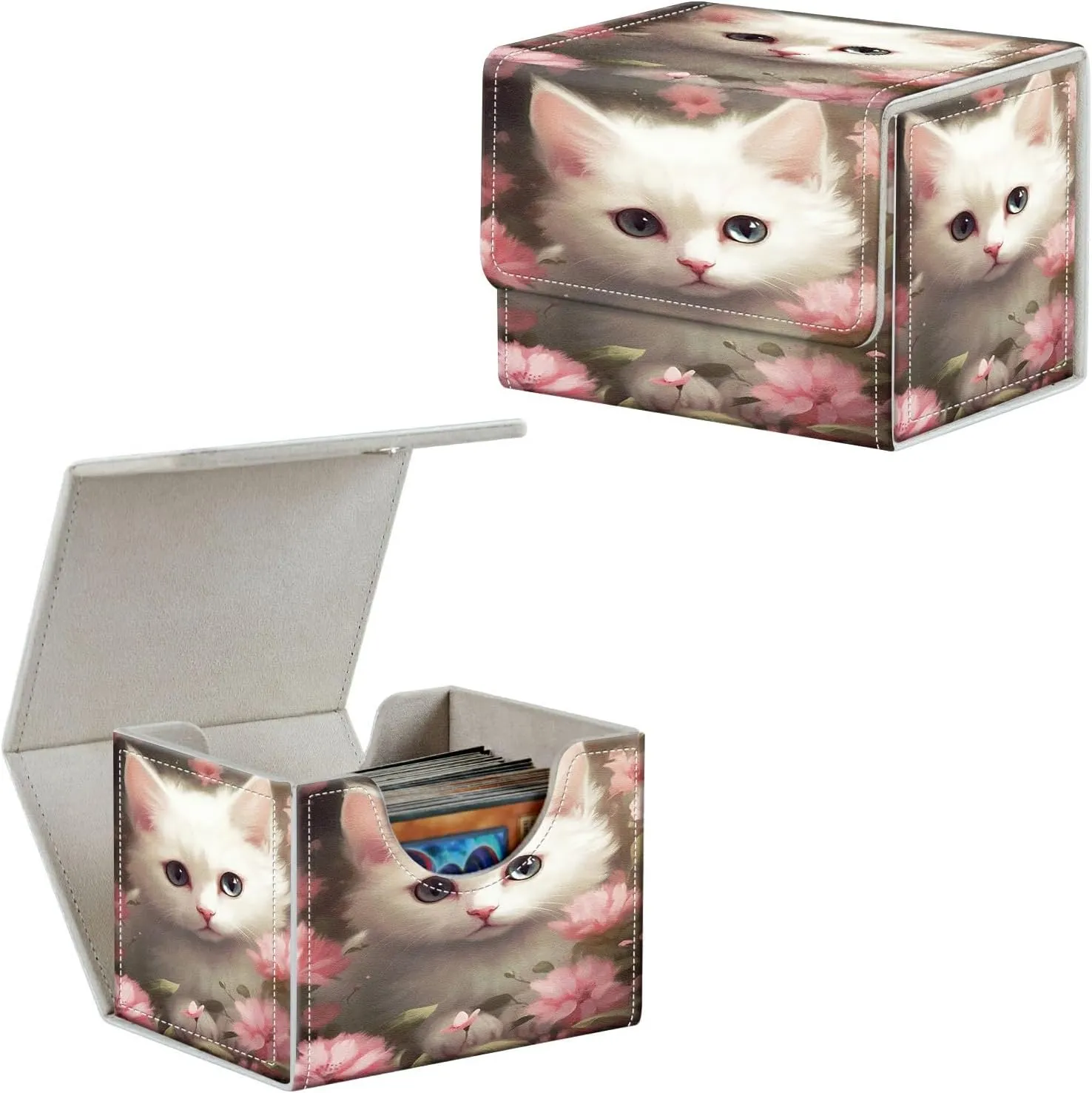 Flower Cat Card Deck Box Organizer, 100  Sleeved Cards Deck Case For Trading Cards, Leather Magnetic Closure Commander Deck Box Holds Magnetic Card Storage Box Fits for MTG TCG CCG
