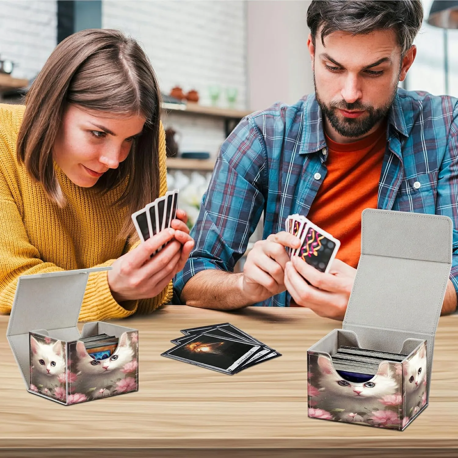 Flower Cat Card Deck Box Organizer, 100  Sleeved Cards Deck Case For Trading Cards, Leather Magnetic Closure Commander Deck Box Holds Magnetic Card Storage Box Fits for MTG TCG CCG