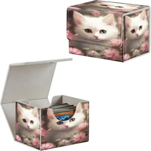 Flower Cat Card Deck Box Organizer, 100  Sleeved Cards Deck Case For Trading Cards, Leather Magnetic Closure Commander Deck Box Holds Magnetic Card Storage Box Fits for MTG TCG CCG