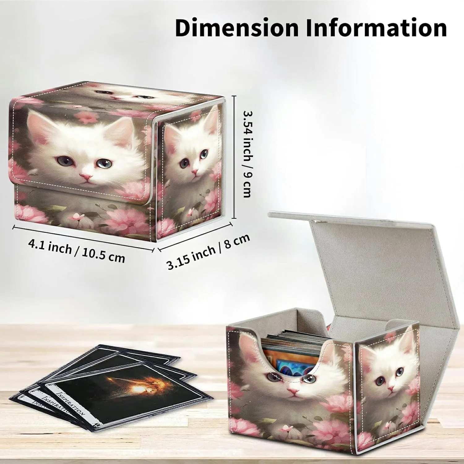 Flower Cat Card Deck Box Organizer, 100  Sleeved Cards Deck Case For Trading Cards, Leather Magnetic Closure Commander Deck Box Holds Magnetic Card Storage Box Fits for MTG TCG CCG