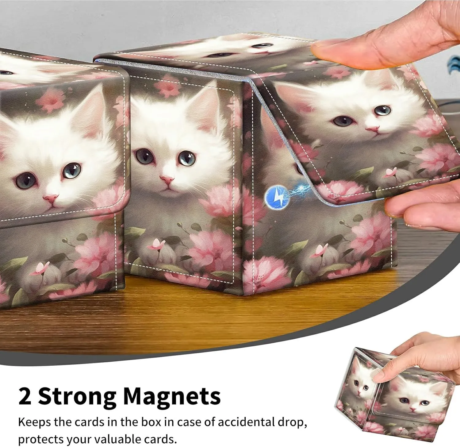 Flower Cat Card Deck Box Organizer, 100  Sleeved Cards Deck Case For Trading Cards, Leather Magnetic Closure Commander Deck Box Holds Magnetic Card Storage Box Fits for MTG TCG CCG