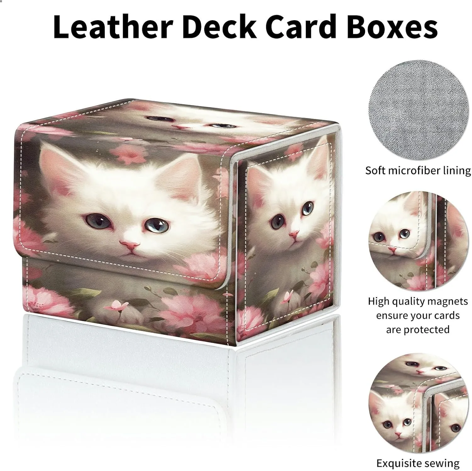 Flower Cat Card Deck Box Organizer, 100  Sleeved Cards Deck Case For Trading Cards, Leather Magnetic Closure Commander Deck Box Holds Magnetic Card Storage Box Fits for MTG TCG CCG