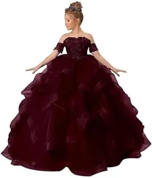 Flower Girl Dresses for Wedding Beaded Applique Princess Kids Pageant Dress Tulle Long Party Ball Gown