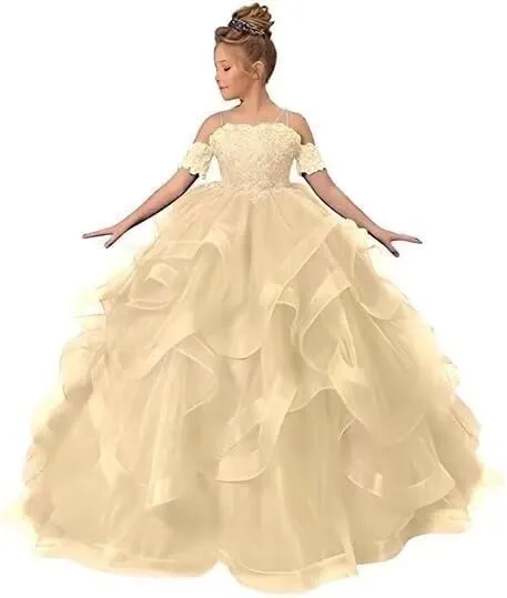 Flower Girl Dresses for Wedding Beaded Applique Princess Kids Pageant Dress Tulle Long Party Ball Gown