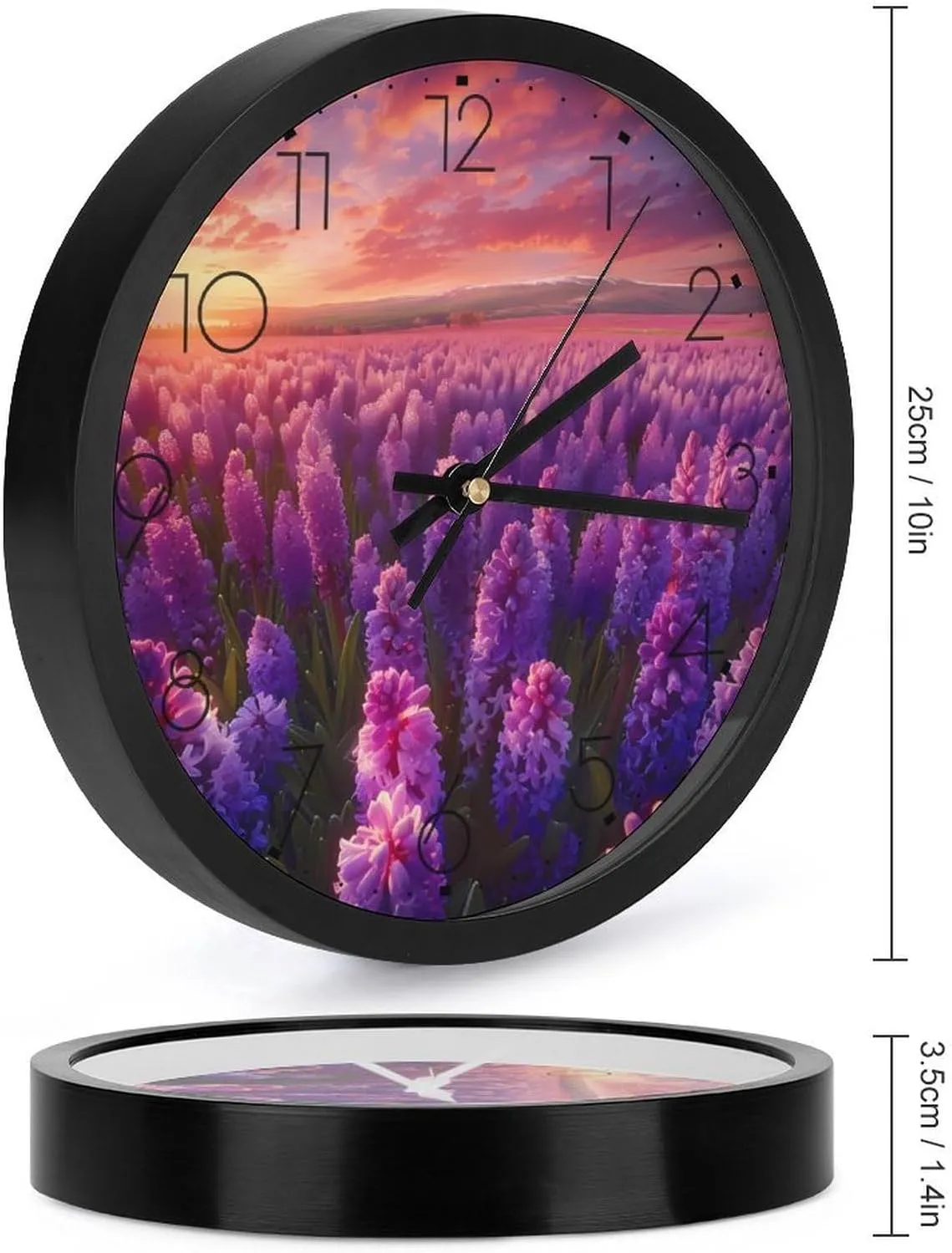 Flowers Purple Hyacinth Wall Clock 10 Inch Silent Non-ticking Battery Operated Decorative Clock for Kitchen Bedroom