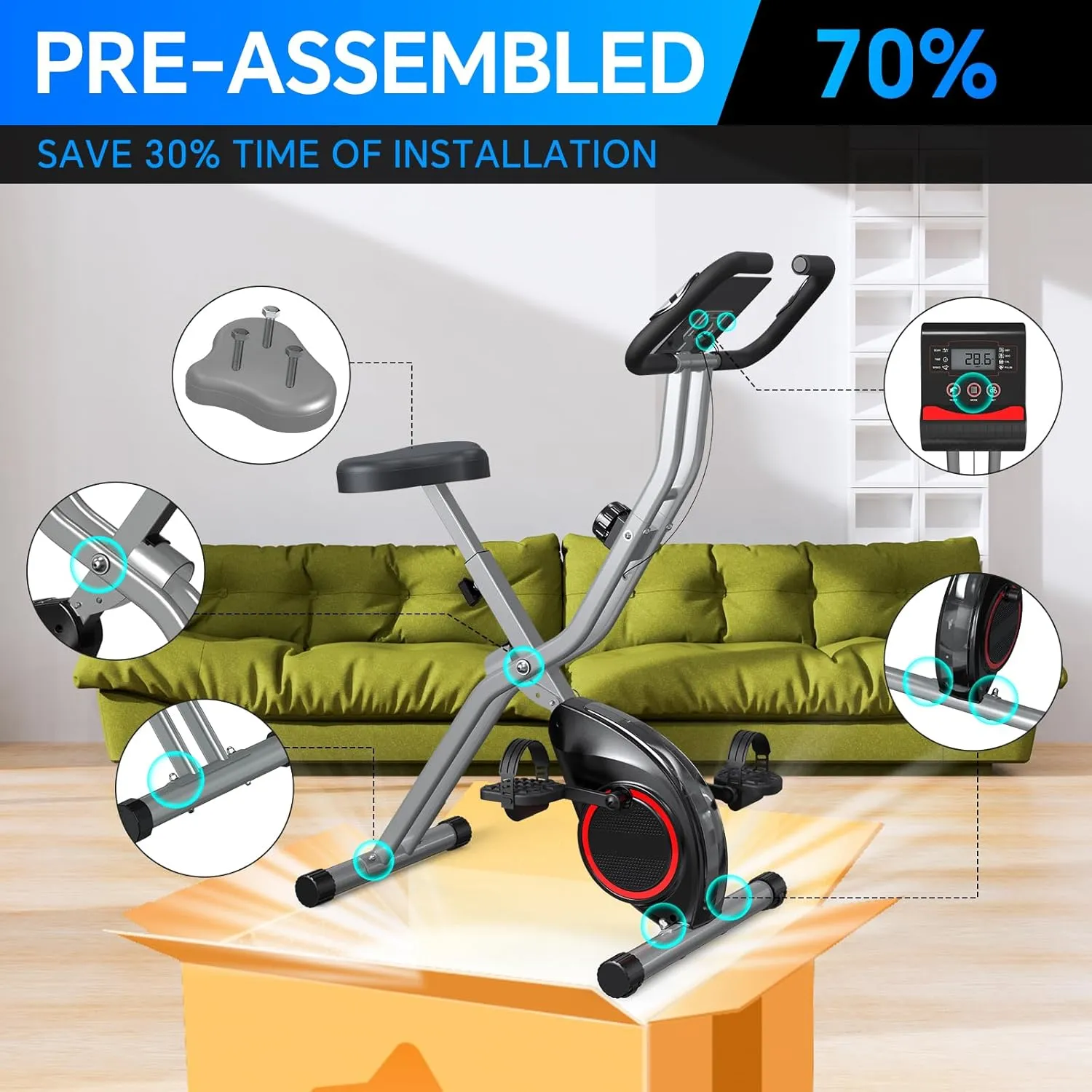 Foldable Exercise Bike for Small Apartments, Stationary Bikes for Home, Indoor Portable Cycling Bike with 16-Level Magnetic Resistance, 260LBS Capacity, 5.5 LBS Flywheel, Designed for Small Space Workout 816