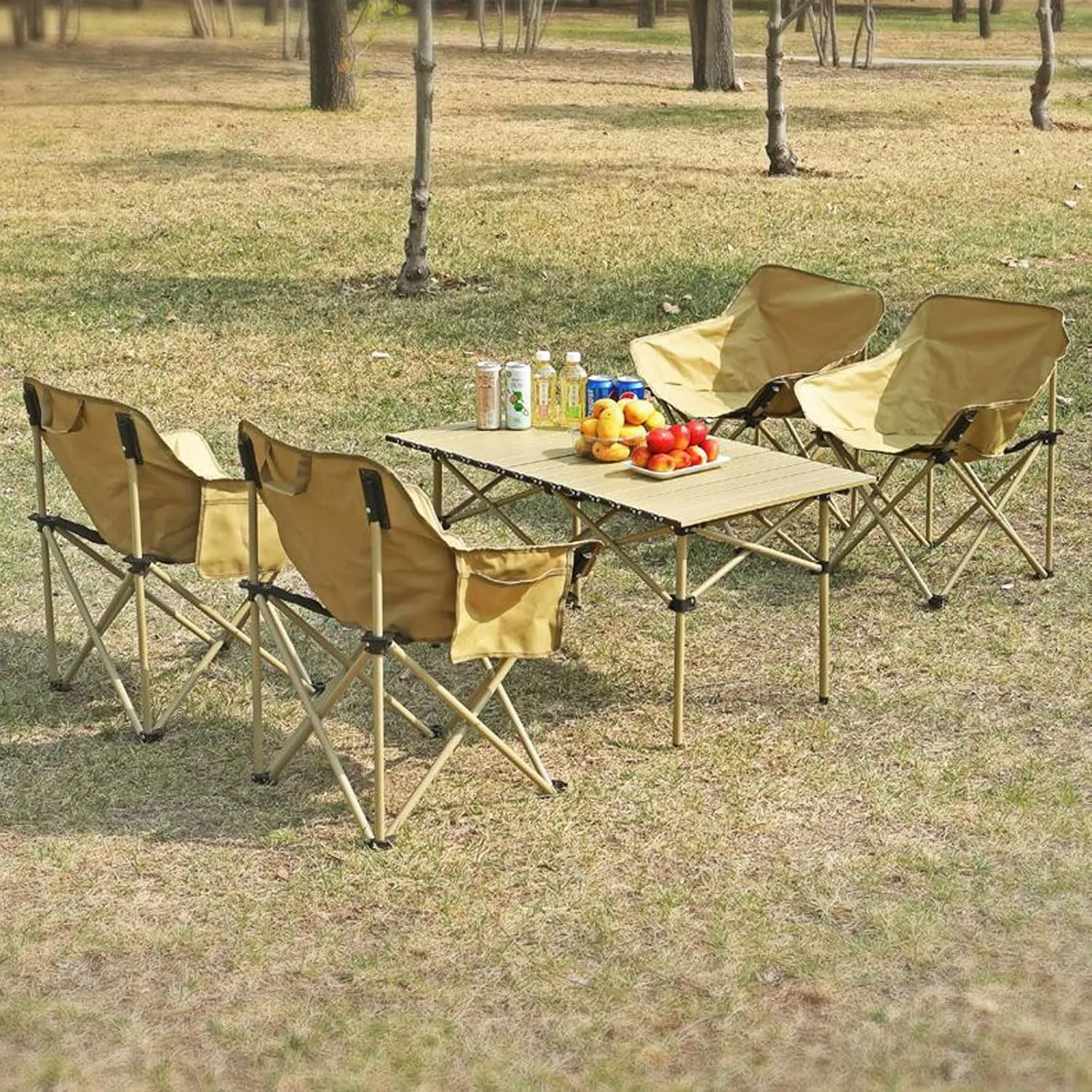 Folding Camping Table & airs Set, Lightweight Carbon Steel Roll-up Top Picnic Table Portable Outdoor Bea air Set for BBQ Garden Hiking Fishing