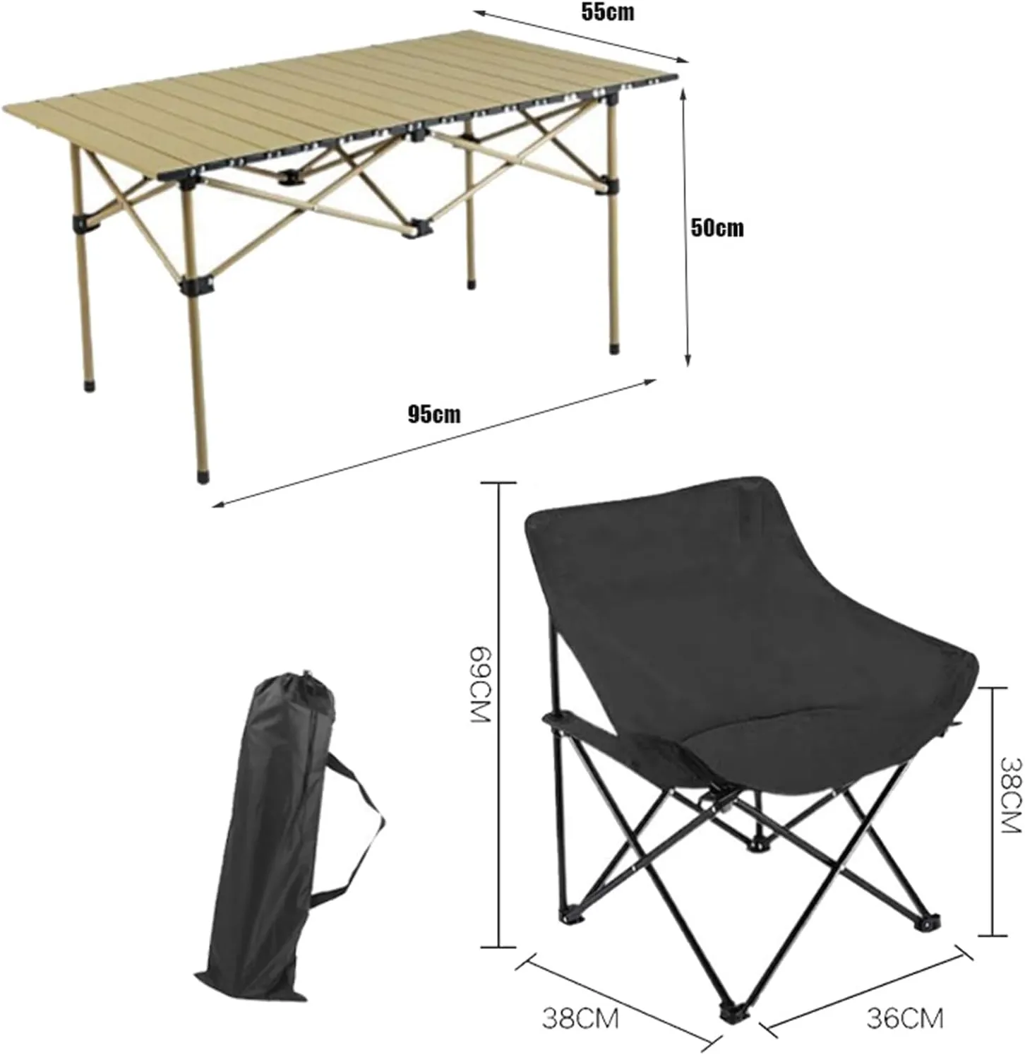 Folding Camping Table & airs Set, Lightweight Carbon Steel Roll-up Top Picnic Table Portable Outdoor Bea air Set for BBQ Garden Hiking Fishing