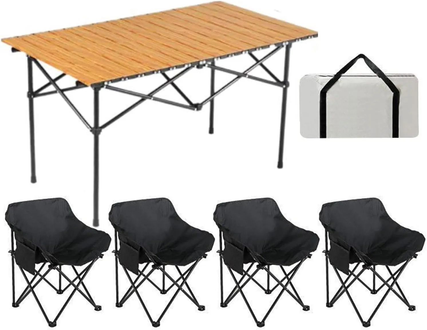 Folding Camping Table & airs Set, Lightweight Carbon Steel Roll-up Top Picnic Table Portable Outdoor Bea air Set for BBQ Garden Hiking Fishing