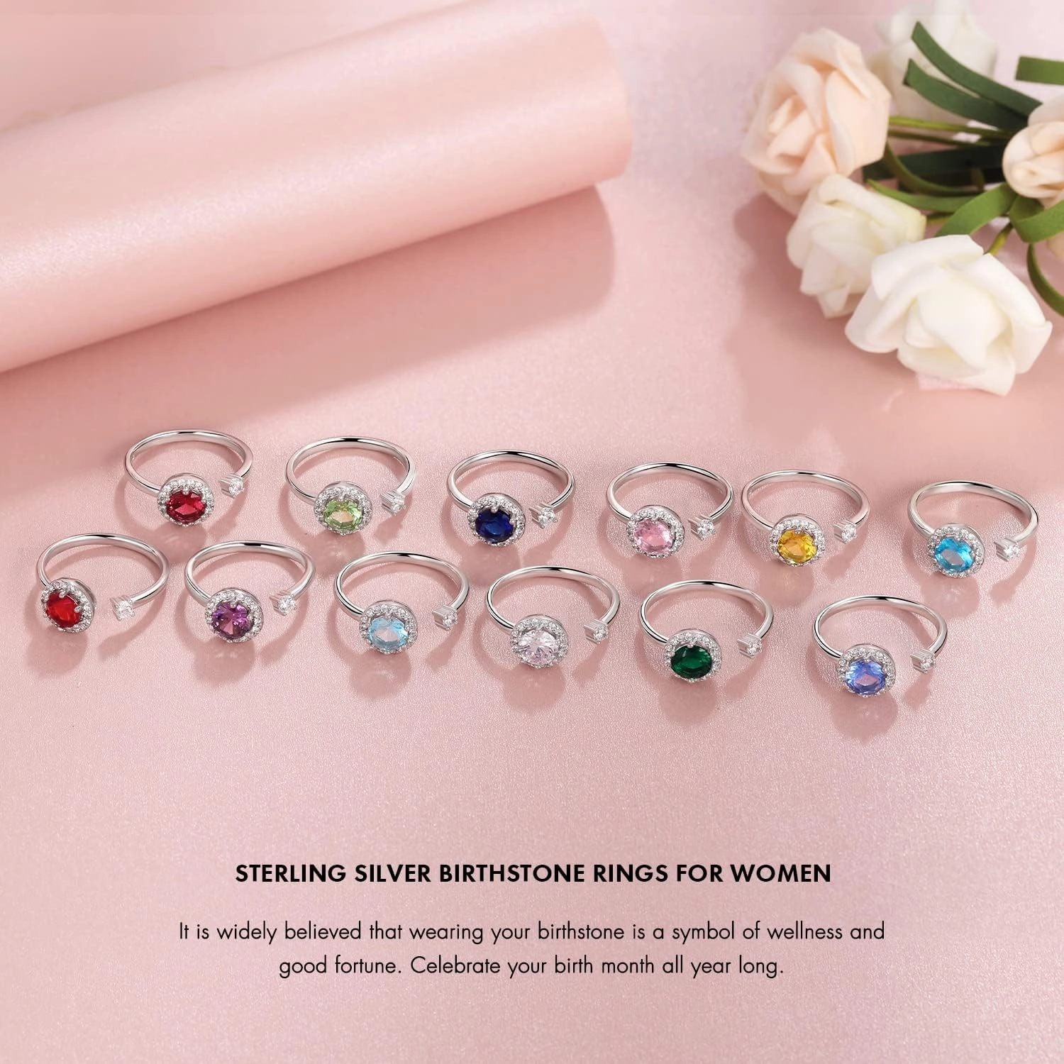 FOREVER QUEEN Birthstone Rings for Women 925 Sterling Silver Womens Month Ring Adjustable Ring Anniversary Birthday Mother's Day Jewelry Gift for Wife Mom Daughter Friend