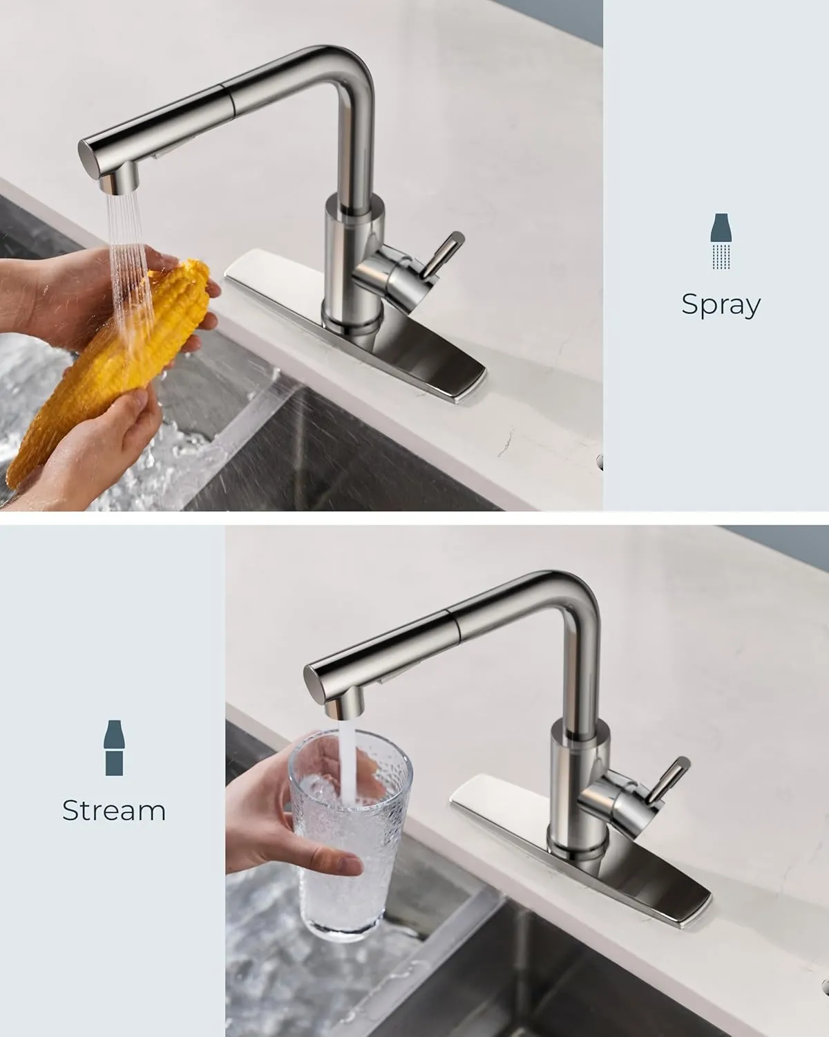 FORIOUS Chrome Kitchen Faucets Pull Out Sprayer Stainless Steel, Single Handle Classic Sink Faucet with Deck Plate for 1 or 3 Holes, Suitable for Bar RV Farhouse Laundry