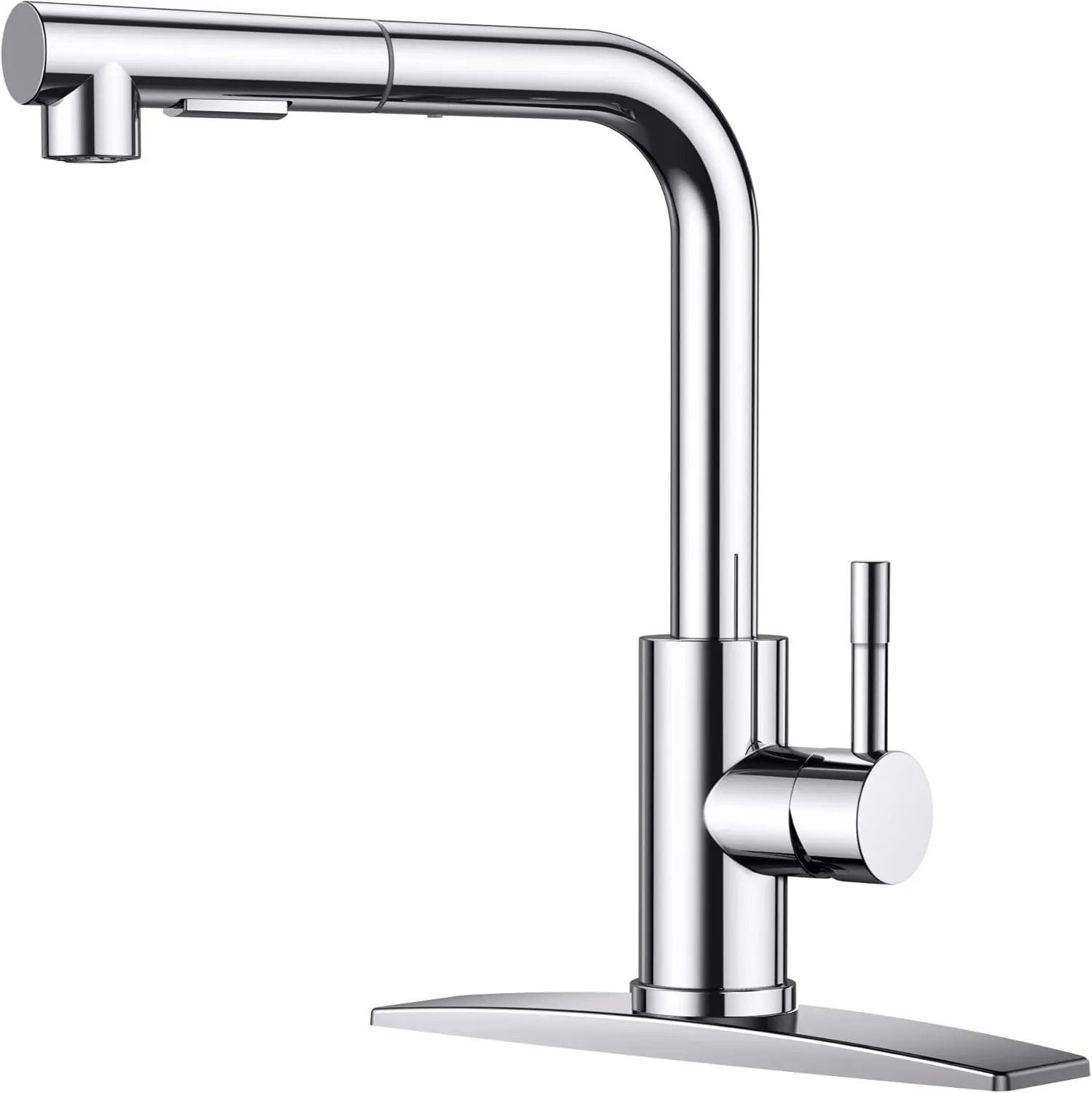 FORIOUS Chrome Kitchen Faucets Pull Out Sprayer Stainless Steel, Single Handle Classic Sink Faucet with Deck Plate for 1 or 3 Holes, Suitable for Bar RV Farhouse Laundry