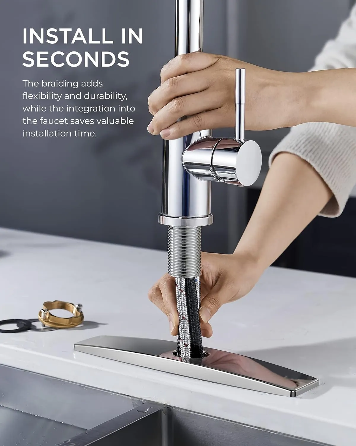 FORIOUS Chrome Kitchen Faucets Pull Out Sprayer Stainless Steel, Single Handle Classic Sink Faucet with Deck Plate for 1 or 3 Holes, Suitable for Bar RV Farhouse Laundry