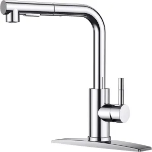 FORIOUS Chrome Kitchen Faucets Pull Out Sprayer Stainless Steel, Single Handle Classic Sink Faucet with Deck Plate for 1 or 3 Holes, Suitable for Bar RV Farhouse Laundry