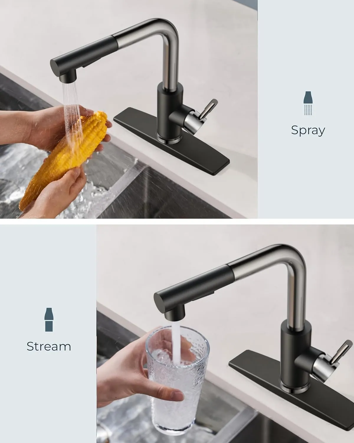 FORIOUS Kitchen Faucets Pull Down Sprayer Stainless Steel, Single Handle Classic Pull Out Sink Faucet with Deck Plate for 1 or 3 Holes, Suitable for Bar RV Farhouse Laundry, Black Chrome