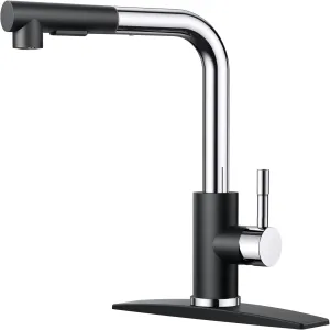 FORIOUS Kitchen Faucets Pull Down Sprayer Stainless Steel, Single Handle Classic Pull Out Sink Faucet with Deck Plate for 1 or 3 Holes, Suitable for Bar RV Farhouse Laundry, Black Chrome