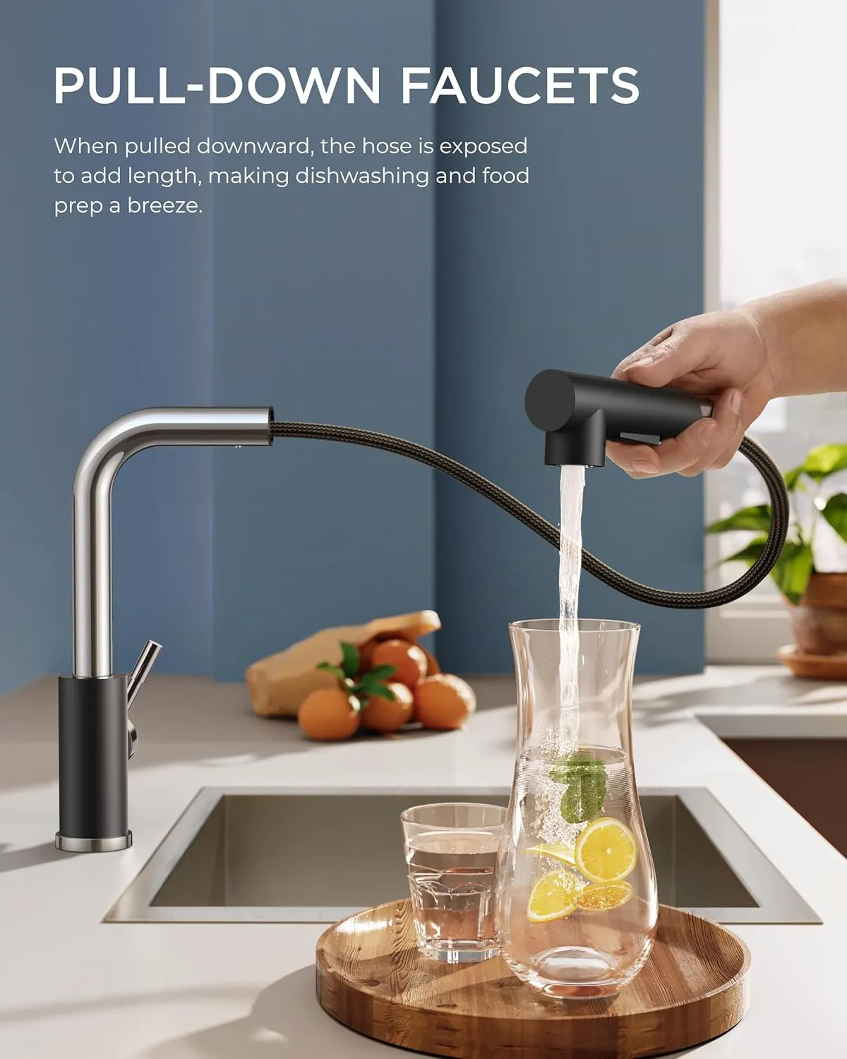 FORIOUS Kitchen Faucets Pull Down Sprayer Stainless Steel, Single Handle Classic Pull Out Sink Faucet with Deck Plate for 1 or 3 Holes, Suitable for Bar RV Farhouse Laundry, Black Chrome