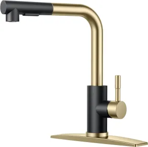 FORIOUS Kitchen Faucets Pull Down Sprayer Stainless Steel, Single Handle Classic Pull Out Sink Faucet with Deck Plate for 1 or 3 Holes, Suitable for Bar RV Farhouse Laundry, Black Gold